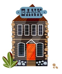 Obraz premium Wild west bank building background. Western american town in wilderness vector illustration. Financial house with door, windows and banner front view. Cactus and rocks on desert land
