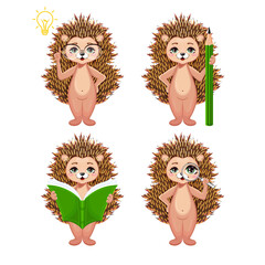 Smart hedgehog with idea light bulb, pencil, book and magnifying glass concept set. 