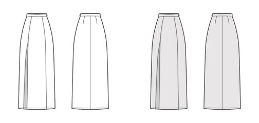 Skirt slit maxi technical fashion illustration with floor ankle lengths silhouette, pencil fullness. Flat bottom template front, back, white grey color style. Women men unisex CAD mockup