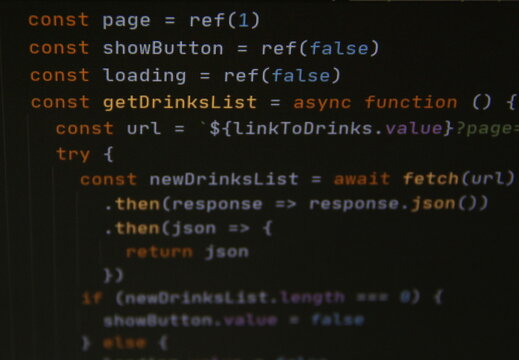 The program javascript code on the computer black screen. The concept of website, internet, cyber security, hacking and software