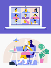 Woman chatting with friends online via laptop . Collective virtual meeting. Woman using computer for group video conference. Flat Vector illustration