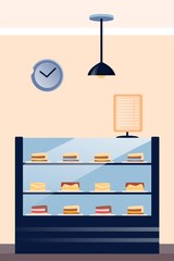 Cakes display in modern cafe. Cosy cafeteria or bakery with cakes on shelves, interior design vector illustration. View on variety of sweet food, menu standing, clock on wall