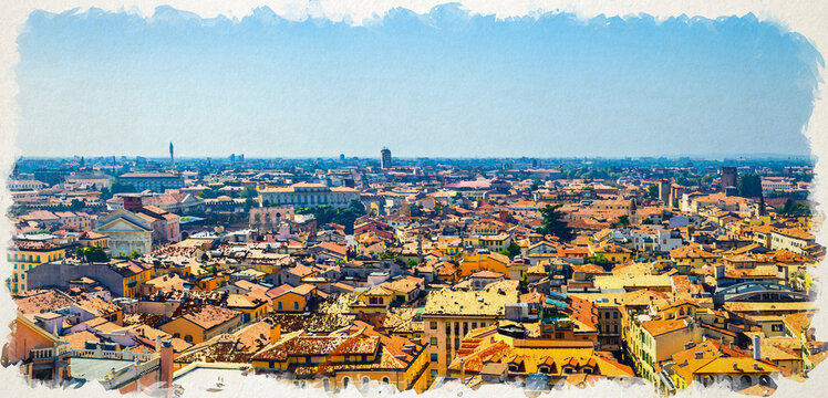 Watercolor drawing of Aerial panoramic view of Verona city historical centre Citta Antica with red tiled roof buildings. Panorama of Verona town cityscape. Blue sky background copy space, Italy