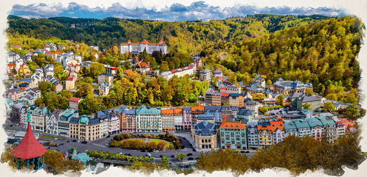Watercolor drawing of Karlovy Vary city aerial panoramic view with row of colorful buildings and spa hotels in historical city centre. Panorama of Karlsbad town and Slavkov Forest in autumn