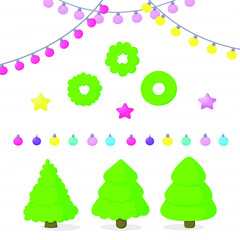 New Year vector illustration with wreaths, fir trees, garlands, stars and ornaments.Designed for printing, postcards and textiles