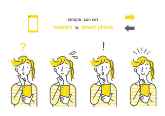 スマホを操作する女性のシンプルアイコンセット　黄色　グレー　二色