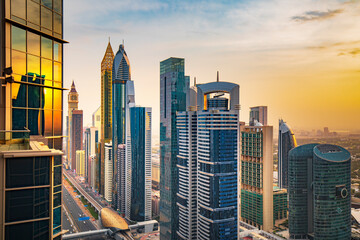 Naklejka premium Dubai city center view at sunrise, United Arab Emirates