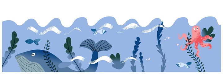 Sea or ocean wildlife creatures. Whale, fish, octopus in blue water with seaweeds in waves. Adventure and marine life vector illustration. Horizontal nature undersea panorama © backup_studio