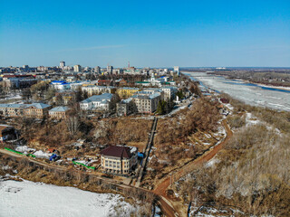 Aerial view of the stairs to the embankment in the spring (Kirov, Russia).