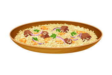 Rice with Beef Slabs and Potherbs as Egyptian Dish Vector Illustration