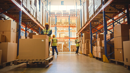 Retail Warehouse full of Shelves with Goods in Cardboard Boxes, Workers Scan and Sort Packages,...