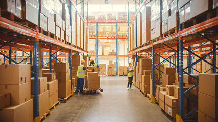 Retail Warehouse full of Shelves with Goods in Cardboard Boxes, Workers Scan and Sort Packages,...