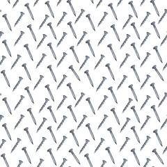watercolor illustration seamless pattern iron nail icon, Assembly and repair elements, construction tool, linear pattern on white background.