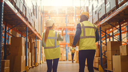 Male and Female Workers Wearing Hard Hats Walking Through Retail Warehouse full of Shelves with...