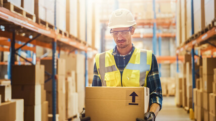 Handsome Male Worker Wearing Hard Hat Holding Cardboard Box Walking Through Retail Warehouse full of Shelves with Goods. Working in Logistics and Distribution Center. Front Shot