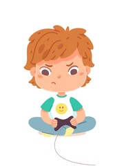 Kid playing video games at home. Sad angry boy playing videogames, sitting with joystick in hands on white background. Entertainment at home with technology vector illustration