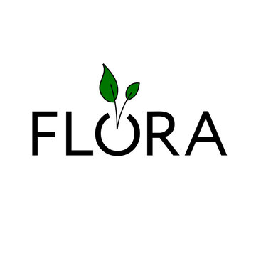Flora logo with green leaf on a white background. Minimalistic logo for the company. The image uses green, black and white colors.