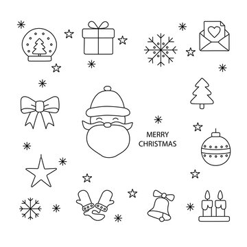 Merry Christmas icons set. Thin line hand drawn cute icon collection. New year elements ball letter snowflake snow baw bell Santa Claus gift box star candles mittens christmas tree vector illustration