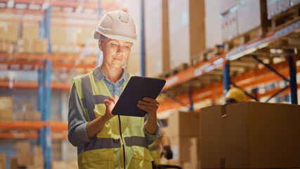 Professional Female Worker Wearing Hard Hat Checks Stock and Inventory with Digital Tablet Computer in the Retail Warehouse full of Shelves with Goods. Working in Logistics, Distribution Center 