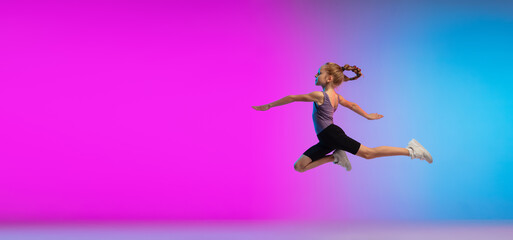 Flyer. Teenage girl, professional runner, jogger in action, motion isolated on gradient pink-blue background in neon light. Concept of sport, movement, energy and dynamic, healthy lifestyle.