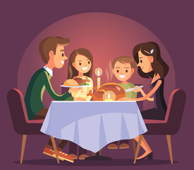 Christmas thanksgiving family evening dinner celebration. Family eating together and has making conversation sitting around the table with festive holiday homemade meal. Family union.