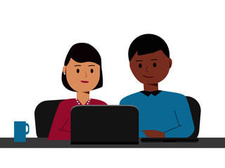 Woman and man with laptop. Jointly work. Online shopping.