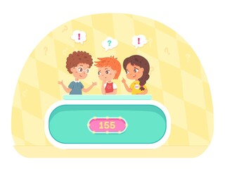 Kids playing quiz game. Smart boys and girl in team discussing answer to question together in competition, score on board. Television trivia show, tv entertainment vector illustration