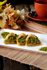 walnut, pistachio turkish style antep baklava presentation and service