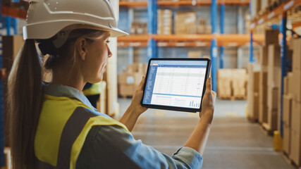 Professional Female Worker Wearing Hard Hat Uses Digital Tablet Computer with Screen Showing...