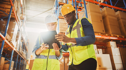 Male and Female Supervisors Holding Digital Tablet Talk about Inventory Check and Product Delivery in Retail Warehouse full of Shelves with Goods. Workers in Distribution Logistics Center.