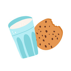 A chocolate chip cookie and a glass of milk. Cute vector isolated illustration.