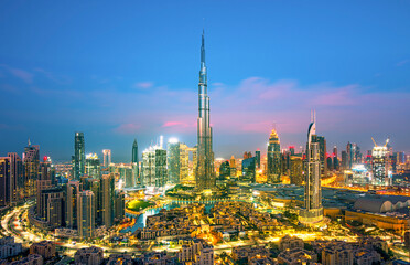 Dubai city center view at sunrise, United Arab Emirates
