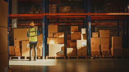 Professional Worker Walking with a Cardboard Box Places it on a Shelf with other Goods in Retail...