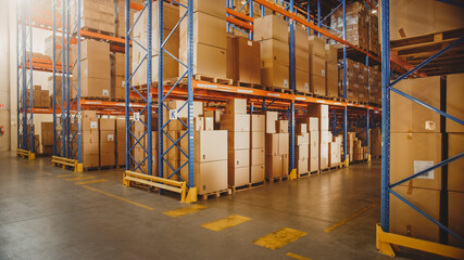 Large Retail Warehouse full of Shelves with Goods in Cardboard Boxes and Packages. Logistics,...