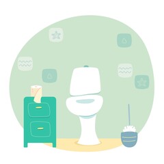 Toilet modern interior design background. Toilet equipment, cupboard with toilet paper, cleaning object. Everyday routine at clean home vector illustration. Hygiene at house