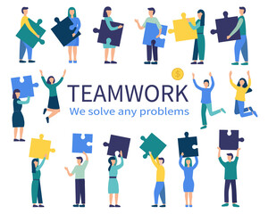 set of different people with parts of the puzzle in their hands. Business concept of teamwork. Successful cooperation and partnership. Timbling, more efficient teamwork. vector flat illustration.