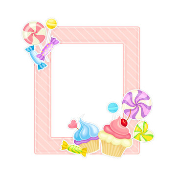 Photo Frame with Candy and Sweet Collage Border Vector Illustration
