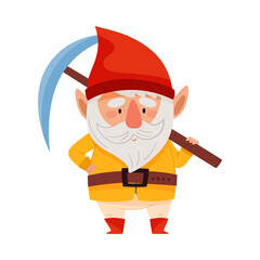 Bearded Gnome Character with Red Pointed Hat Holding Pickaxe Vector Illustration