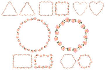 Simple pink peony frame for print design. Trendy pattern for wedding invitation, greeting card. Six shape of wreath - sircle, heart, square, hexagon, rectangle, triangle.