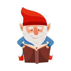 Funny Gnome Character with Red Pointed Hat and White Beard Reading Book Vector Illustration