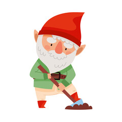 White Bearded Gnome Character with Red Pointed Hat Digging the Earth with Shovel Vector Illustration
