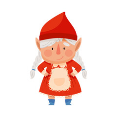 Cute Female Gnome Character in Red Dress and Pointed Hat Standing Vector Illustration