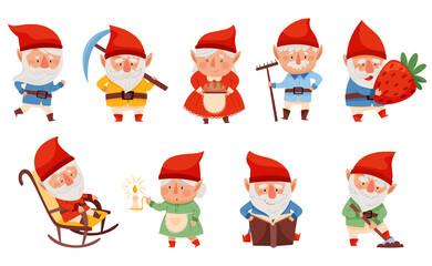 Fantastic Male and Female Gnome Character with Red Pointed Hat Vector Illustration Set