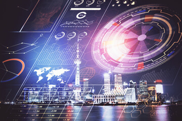 Data theme hologram drawing on city view with skyscrapers background multi exposure. Ai concept.