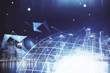 Map and data theme hologram on city view with skyscrapers background double exposure. International technology in business concept.