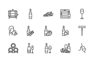 Wine flat line icon set. Vector illustration symbols about different types of wine for fish, meat and cheese. Grape, sommelier, cheese, barrel, corkscrew. Editable strokes.