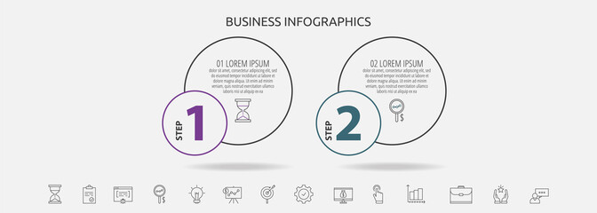 Circles vector line infographic with 2 step, icons. Timeline used for diagram, chart, web, banner, workflow layout, presentations, flowchart, info graph, content, levels, chart, processes diagram