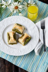walnut, pistachio turkish style antep baklava presentation and service