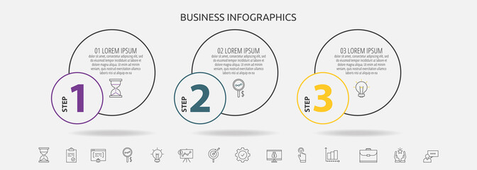 Circles vector line infographic with 3 step, icons. Timeline used for diagram, chart, web, banner, flowchart, info graph, content, levels, chart, processes diagram