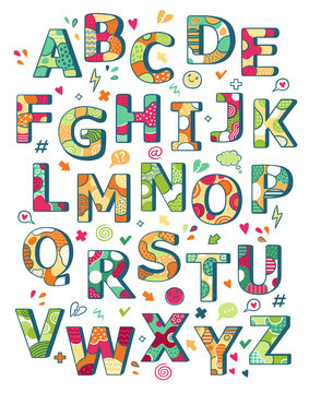 Bright English funny alphabet in a teenage, children's style. Decorated with bright details, ornaments, graffiti